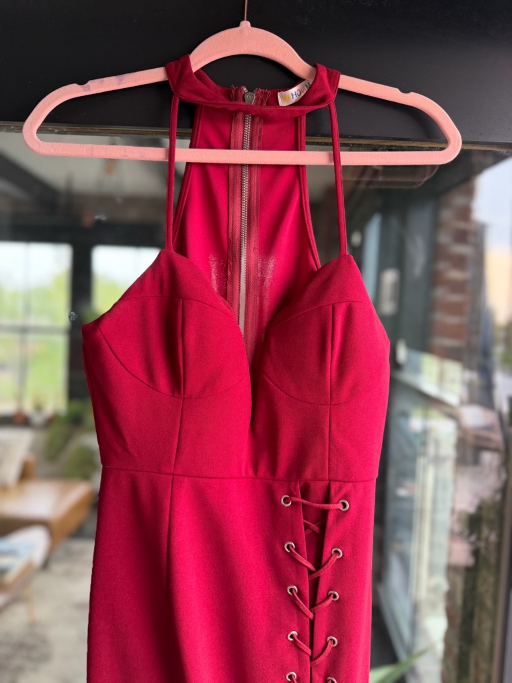 Fitted Red Halter Lace-Up Midi Dress